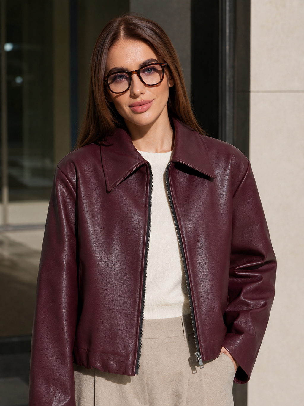 Veste Simili Cuir Bordeaux Femme