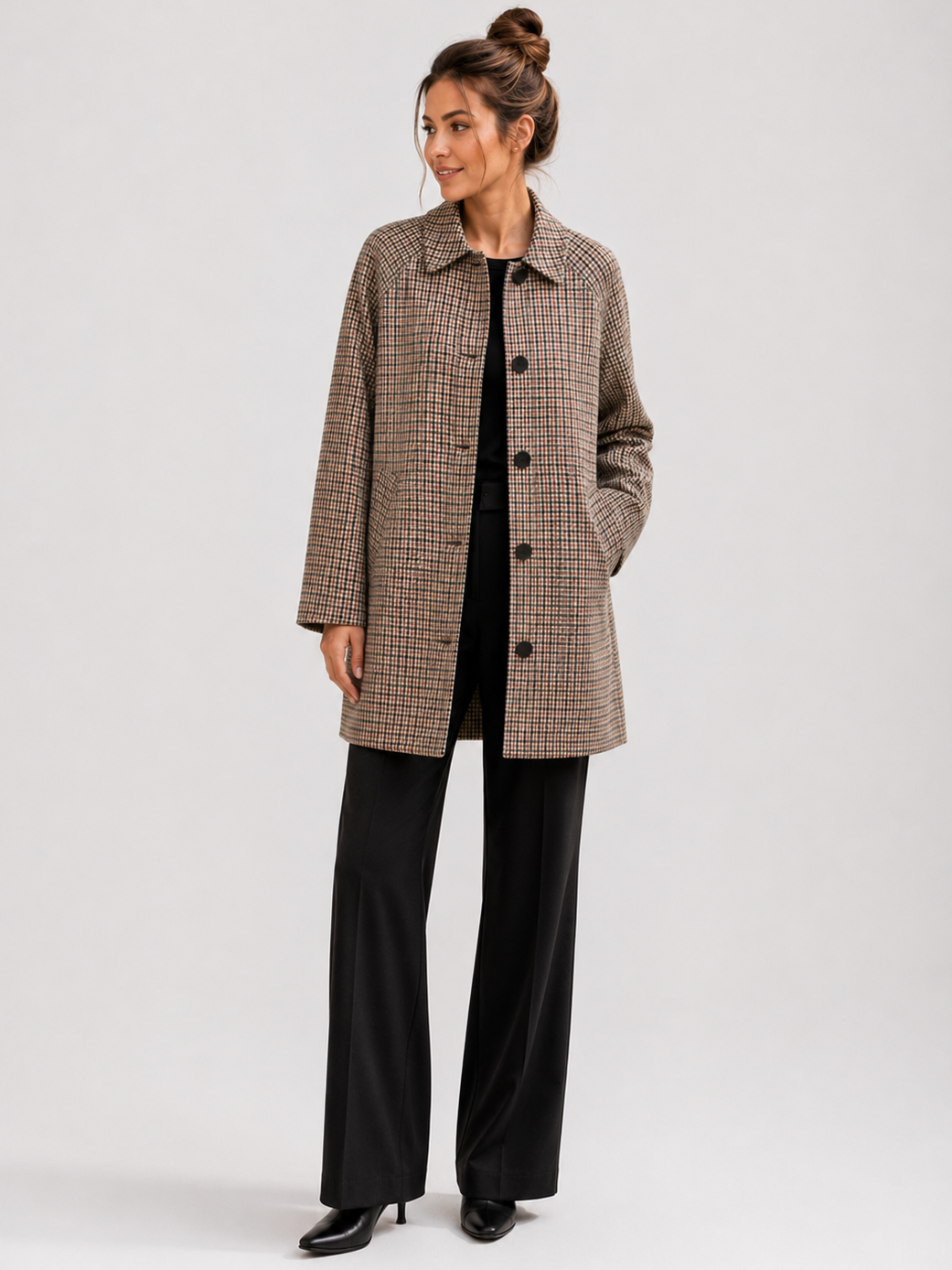 Trench Long Femme Beige à Carreaux